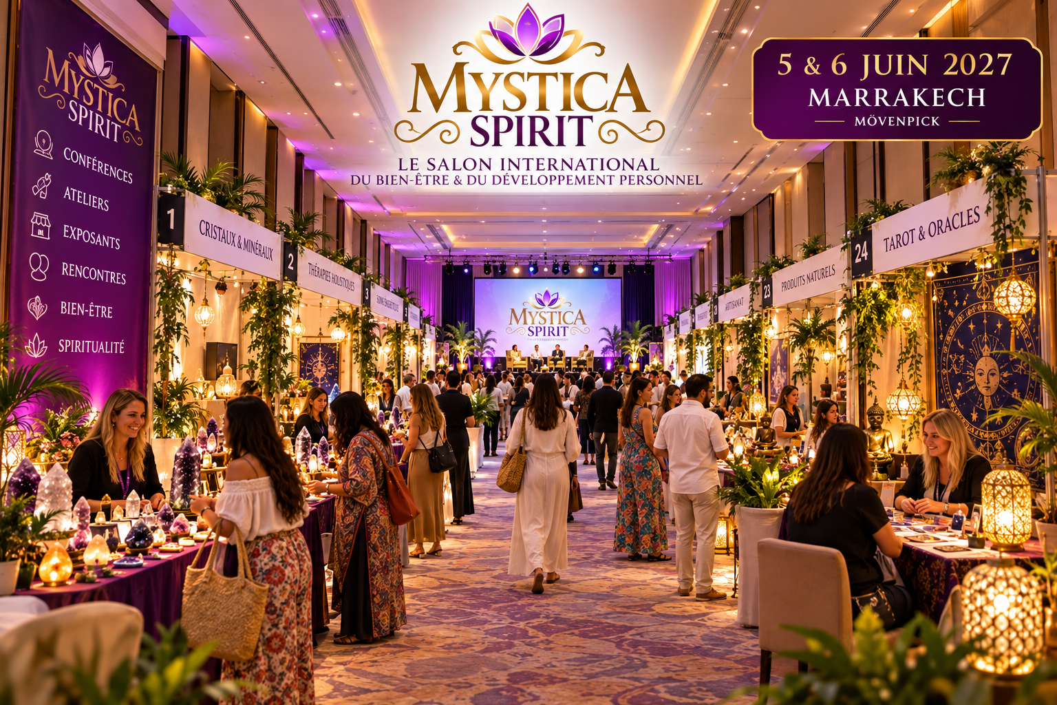 Ambiance du salon Mystika — stands, exposants et visiteurs réunis sous un même toit