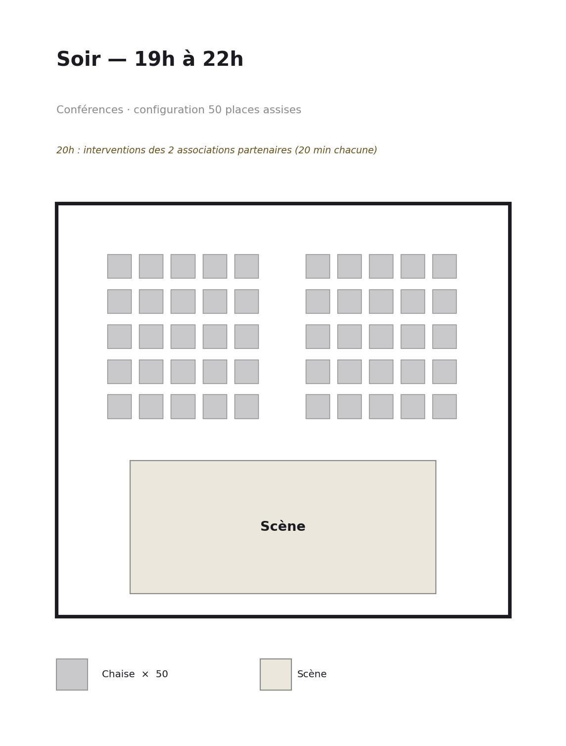 Espace conférence Mystika en configuration soirée — 50 chaises face à la scène, de 19h à 22h, avec intervention des associations partenaires à 20h